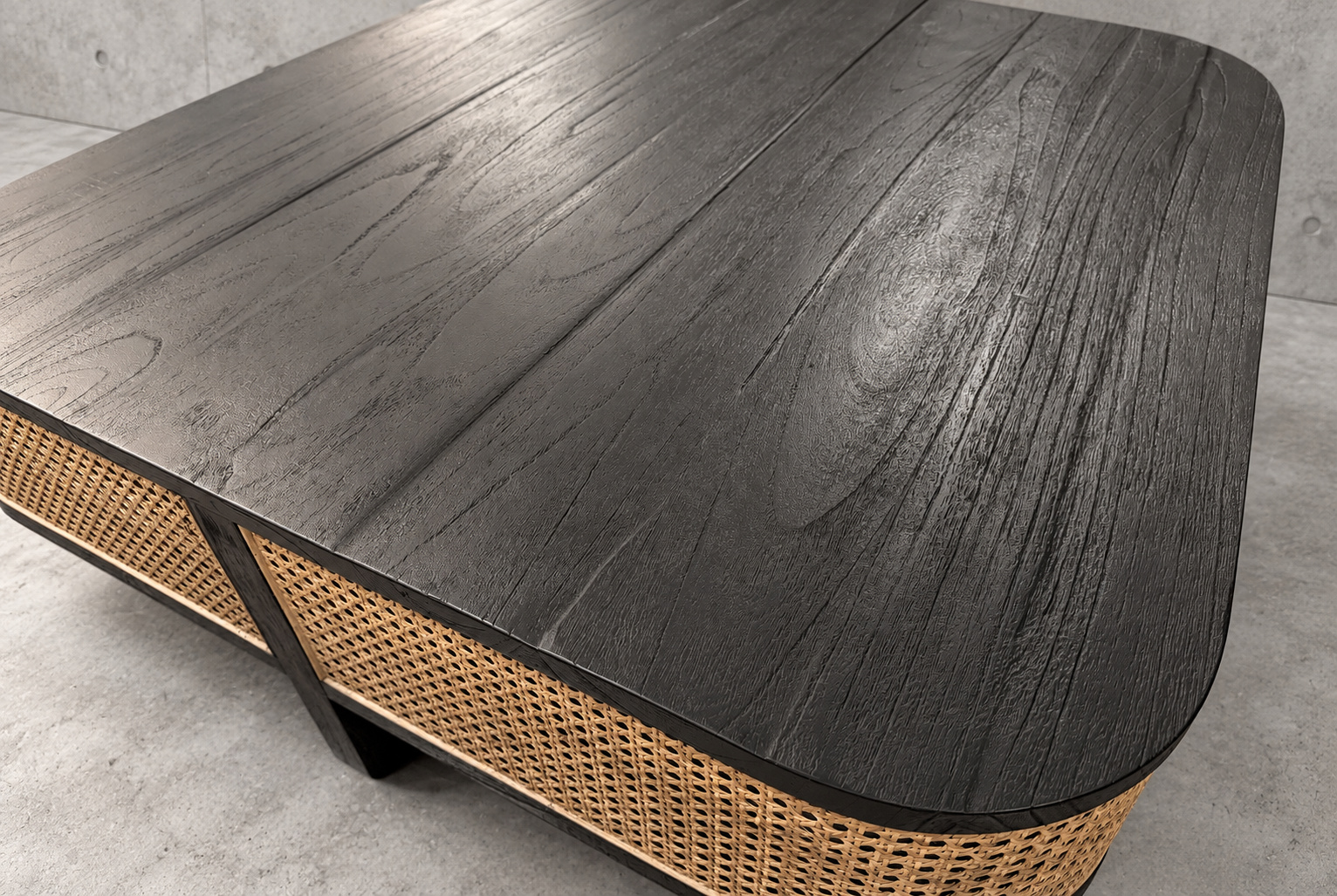 MOLLY 茶几俯拍桌面，黑色木紋與圓角